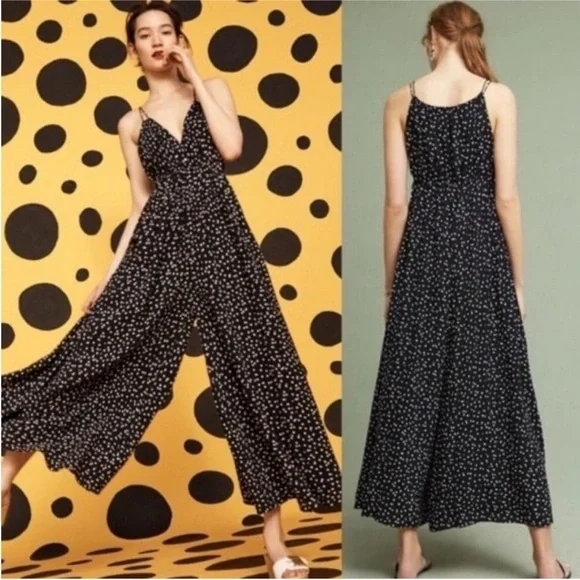 NWOT Anthropologie Maeve Finley Wide Leg Black White Polla Dot Flowy Jumpsuit 4 - Picture 4 of 14